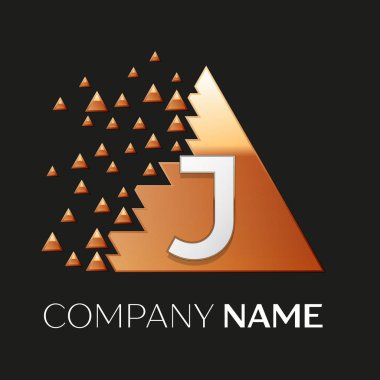 Gerçekçi gümüş harf J logo sembol siyah arka plan üzerine parçalanmış bloklarla altın renkli piksel üçgen şeklinde. Tasarımınız için vektör şablonu