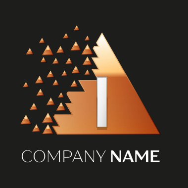 Gerçekçi gümüş harf ı logo sembol siyah arka plan üzerine parçalanmış bloklarla altın renkli piksel üçgen şeklinde. Tasarımınız için vektör şablonu