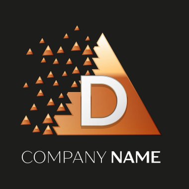 Gerçekçi gümüş harf D logo sembol siyah arka plan üzerine parçalanmış bloklarla altın renkli piksel üçgen şeklinde. Tasarımınız için vektör şablonu