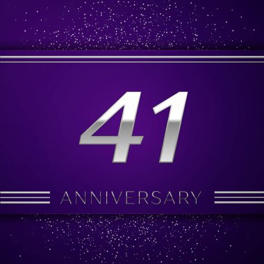 Gerçekçi kırk bir yıl yıldönümü kutlamaları tasarım afiş. Gümüş numarası ve mor zemin üzerine konfeti. Doğum günü partin için renkli vektör şablon öğeleri