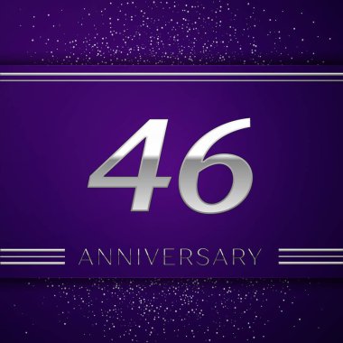 Gerçekçi kırk altı yıl yıldönümü kutlamaları tasarım afiş. Gümüş numarası ve mor zemin üzerine konfeti. Doğum günü partin için renkli vektör şablon öğeleri