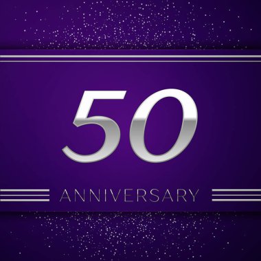 Gerçekçi elli yıl yıldönümü kutlamaları tasarım afiş. Gümüş numarası ve mor zemin üzerine konfeti. Doğum günü partin için renkli vektör şablon öğeleri