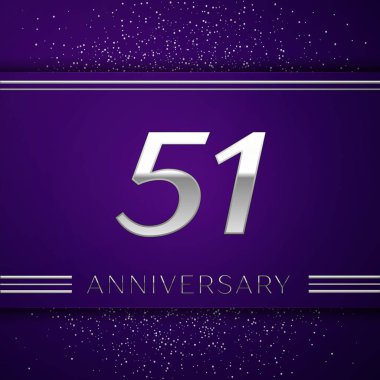 Gerçekçi elli bir yıl yıldönümü kutlamaları tasarım afiş. Gümüş numarası ve mor zemin üzerine konfeti. Doğum günü partin için renkli vektör şablon öğeleri
