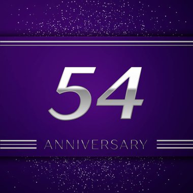 Gerçekçi elli dört yıl yıldönümü kutlamaları tasarım afiş. Gümüş numarası ve mor zemin üzerine konfeti. Doğum günü partin için renkli vektör şablon öğeleri