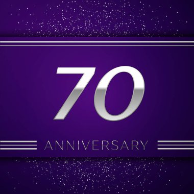 Gerçekçi yetmiş yıl yıldönümü kutlamaları tasarım afiş. Gümüş numarası ve mor zemin üzerine konfeti. Doğum günü partin için renkli vektör şablon öğeleri