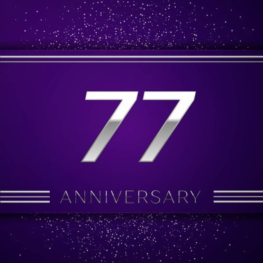 Gerçekçi yetmiş yedi yıl yıldönümü kutlamaları tasarım afiş. Gümüş numarası ve mor zemin üzerine konfeti. Doğum günü partin için renkli vektör şablon öğeleri