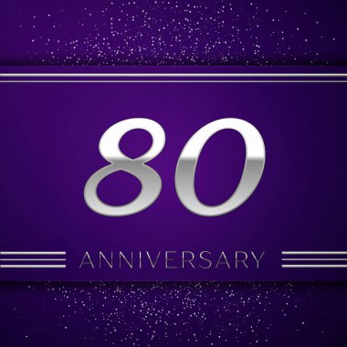 Gerçekçi seksen yıl yıldönümü kutlamaları tasarım afiş. Gümüş numarası ve mor zemin üzerine konfeti. Doğum günü partin için renkli vektör şablon öğeleri