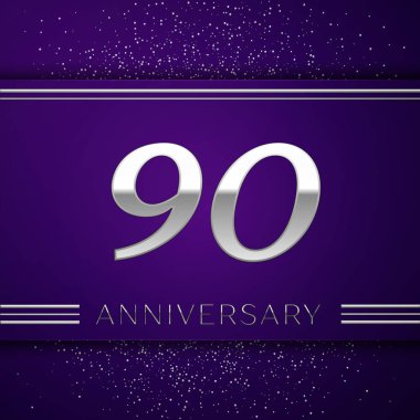 Gerçekçi doksan yıl yıldönümü kutlamaları tasarım afiş. Gümüş numarası ve mor zemin üzerine konfeti. Doğum günü partin için renkli vektör şablon öğeleri