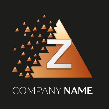 Gerçekçi gümüş harf Z logo sembol siyah arka plan üzerine parçalanmış bloklarla altın renkli piksel üçgen şeklinde. Tasarımınız için vektör şablonu