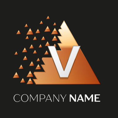 Gerçekçi gümüş harf V logo sembol siyah arka plan üzerine parçalanmış bloklarla altın renkli piksel üçgen şeklinde. Tasarımınız için vektör şablonu