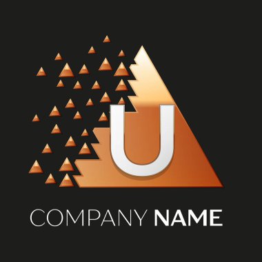 Gerçekçi gümüş harf U logo sembol siyah arka plan üzerine parçalanmış bloklarla altın renkli piksel üçgen şeklinde. Tasarımınız için vektör şablonu