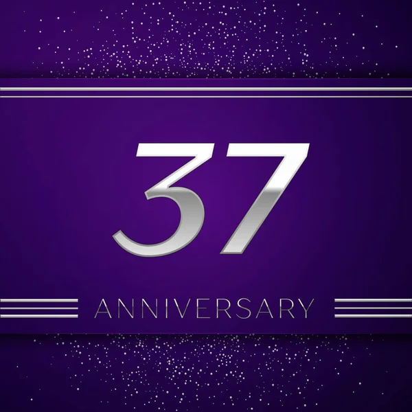 リアルな 30 7 年周年記念デザインのバナー。銀の数と紫色の背景に紙吹雪。あなたの誕生日パーティーのためのカラフルなベクトル テンプレート要素 — ストックベクタ