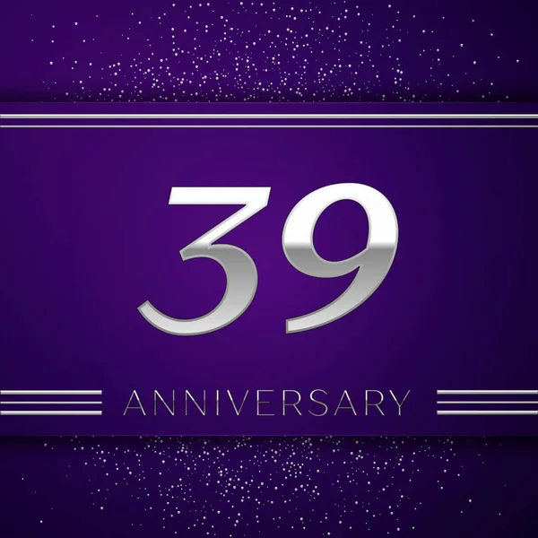 Realistiska trettio nio år Anniversary Celebration design banner. Silver nummer och konfetti på lila bakgrund. Färgglada Vector mall-element för din födelsedagsfest — Stock vektor