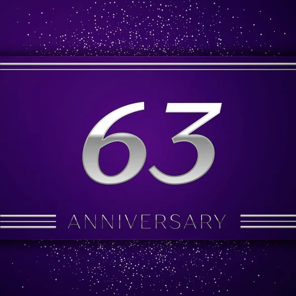 現実的な 60 の 3 年周年記念デザインのバナー。銀の数と紫色の背景に紙吹雪。あなたの誕生日パーティーのためのカラフルなベクトル テンプレート要素 — ストックベクタ