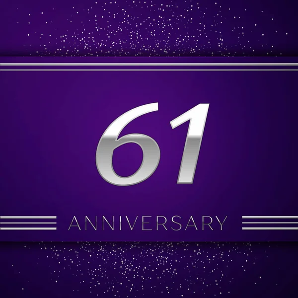 現実的な 60 の 1 つ年周年記念デザインのバナー。銀の数と紫色の背景に紙吹雪。あなたの誕生日パーティーのためのカラフルなベクトル テンプレート要素 — ストックベクタ
