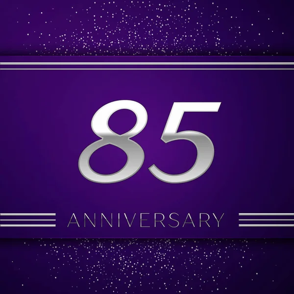 現実的な 80 5 年周年記念デザインのバナー。銀の数と紫色の背景に紙吹雪。あなたの誕生日パーティーのためのカラフルなベクトル テンプレート要素 — ストックベクタ