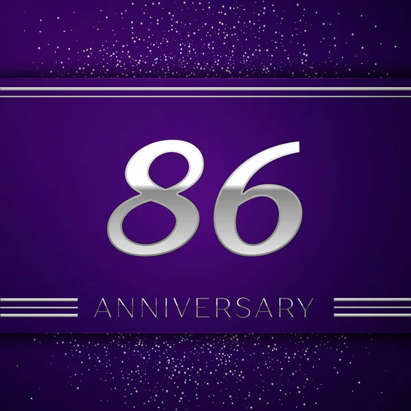 現実的な 80 6 年周年記念デザインのバナー。銀の数と紫色の背景に紙吹雪。あなたの誕生日パーティーのためのカラフルなベクトル テンプレート要素 — ストックベクタ