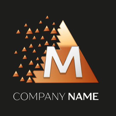 Gerçekçi gümüş harf M logo sembol siyah arka plan üzerine parçalanmış bloklarla altın renkli piksel üçgen şeklinde. Tasarımınız için vektör şablonu