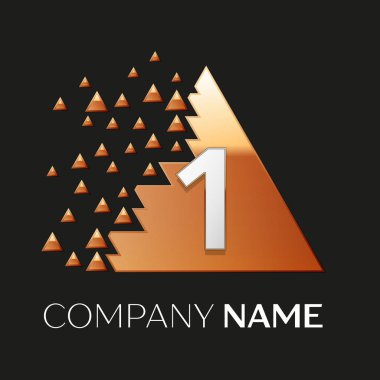Gerçekçi gümüş bir logo sembol siyah arka plan üzerine parçalanmış bloklarla altın renkli piksel üçgen şeklinde. Tasarımınız için vektör şablonu