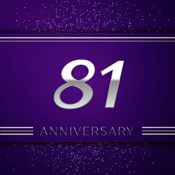 現実的な 80 1 年周年記念デザインのバナー。銀の数と紫色の背景に紙吹雪。あなたの誕生日パーティーのためのカラフルなベクトル テンプレート要素 — ストックベクタ