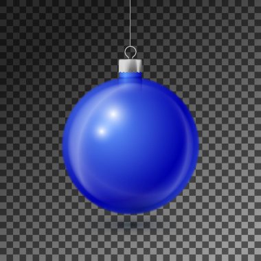 Saydam arka plan üzerinde izole gümüş kurdele ile gerçekçi mavi Noel top. Neşeli Noel tebrik kartı. Vektör çizim