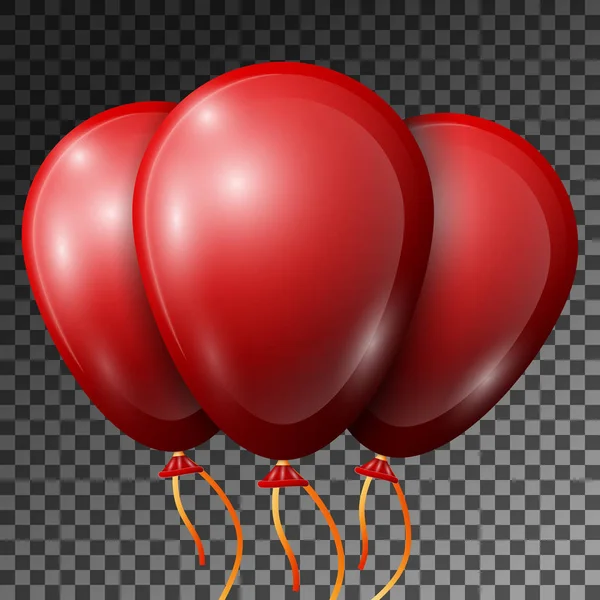 Saydam arka plan üzerinde izole şeritler ile gerçekçi kırmızı balonlar. Parlak renkli parlak balonlar Doğum günü partisi için vektör çizim — Stok Vektör