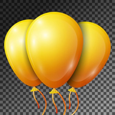 Gerçekçi sarı balon üzerinde şeffaf arka plan izole şeritler. Parlak renkli parlak balonlar Doğum günü partisi için vektör çizim