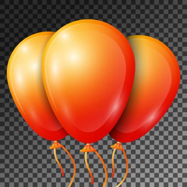 Gerçekçi turuncu balonlarla şeffaf arka plan üzerinde izole şeritler. Parlak renkli parlak balonlar Doğum günü partisi için vektör çizim