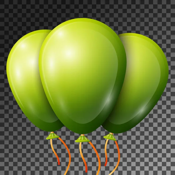 Saydam arka plan üzerinde izole şeritler ile gerçekçi yeşil balonlar. Parlak renkli parlak balonlar Doğum günü partisi için vektör çizim — Stok Vektör