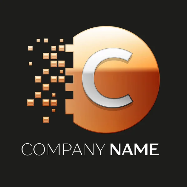 Realistic Silver Letter C logo symbol in the golden colorful pixel circle shape with shattered blocks on black background. Vector template for your design — Stock Vector