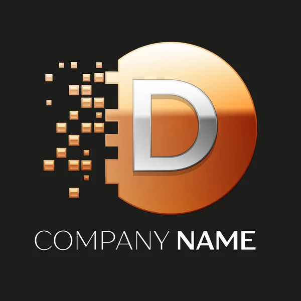 Ρεαλιστική σύμβολο λογότυπο ασημί γράμμα D σε σχήμα κύκλου χρυσή πολύχρωμα πίξελ με γκρεμίστηκε μπλοκ σε μαύρο φόντο. Διάνυσμα πρότυπο για το σχεδιασμό σας — Διανυσματικό Αρχείο