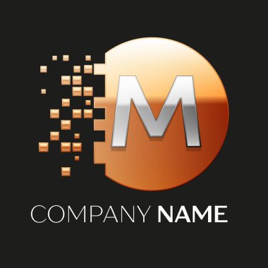 Gerçekçi gümüş harf M logo sembol siyah arka plan üzerine parçalanmış bloklarla altın renkli piksel daire şeklinde. Tasarımınız için vektör şablonu