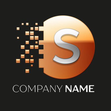 Gerçekçi gümüş harf S logo sembol siyah arka plan üzerine parçalanmış bloklarla altın renkli piksel daire şeklinde. Tasarımınız için vektör şablonu