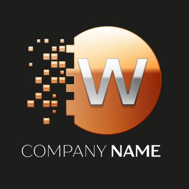 Gerçekçi gümüş harf W logo sembol siyah arka plan üzerine parçalanmış bloklarla altın renkli piksel daire şeklinde. Tasarımınız için vektör şablonu