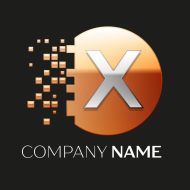 Gerçekçi gümüş harf X logo sembol siyah arka plan üzerine parçalanmış bloklarla altın renkli piksel daire şeklinde. Tasarımınız için vektör şablonu