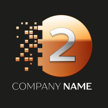 Gerçekçi gümüş iki numara logo sembol siyah arka plan üzerine parçalanmış bloklarla altın renkli piksel daire şeklinde. Tasarımınız için vektör şablonu