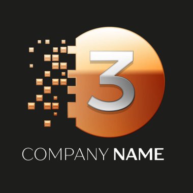 Gerçekçi gümüş üç numara logo sembol siyah arka plan üzerine parçalanmış bloklarla altın renkli piksel daire şeklinde. Tasarımınız için vektör şablonu
