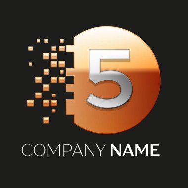 Gerçekçi gümüş beş numara logo sembol siyah arka plan üzerine parçalanmış bloklarla altın renkli piksel daire şeklinde. Tasarımınız için vektör şablonu