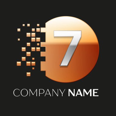 Gerçekçi gümüş yedi numara logo sembol siyah arka plan üzerine parçalanmış bloklarla altın renkli piksel daire şeklinde. Tasarımınız için vektör şablonu