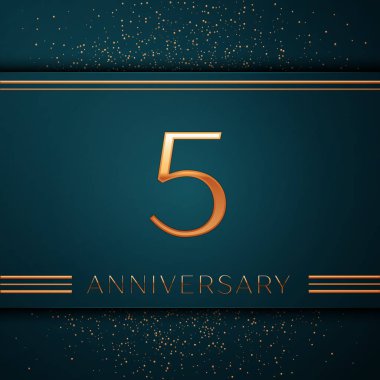 Gerçekçi beş yıl yıldönümü kutlamaları tasarım afiş. Altın sayı ve yeşil zemin üzerine konfeti. Doğum günü partin için renkli vektör şablon öğeleri