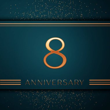 Gerçekçi sekiz yıl yıldönümü kutlamaları tasarım afiş. Altın sayı ve yeşil zemin üzerine konfeti. Doğum günü partin için renkli vektör şablon öğeleri