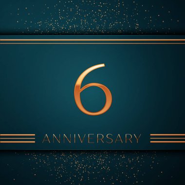 Gerçekçi altı yıl yıldönümü kutlamaları tasarım afiş. Altın sayı ve yeşil zemin üzerine konfeti. Doğum günü partin için renkli vektör şablon öğeleri