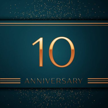 Gerçekçi on yıl yıldönümü kutlamaları tasarım afiş. Altın sayı ve yeşil zemin üzerine konfeti. Doğum günü partin için renkli vektör şablon öğeleri