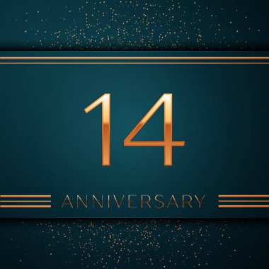 Gerçekçi on dört yıl yıldönümü kutlamaları tasarım afiş. Altın sayı ve yeşil zemin üzerine konfeti. Doğum günü partin için renkli vektör şablon öğeleri