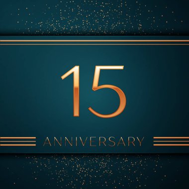 Gerçekçi on beş yıl yıldönümü kutlamaları tasarım afiş. Altın sayı ve yeşil zemin üzerine konfeti. Doğum günü partin için renkli vektör şablon öğeleri