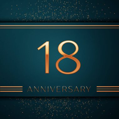 Gerçekçi on sekiz yıl yıldönümü kutlamaları tasarım afiş. Altın sayı ve yeşil zemin üzerine konfeti. Doğum günü partin için renkli vektör şablon öğeleri