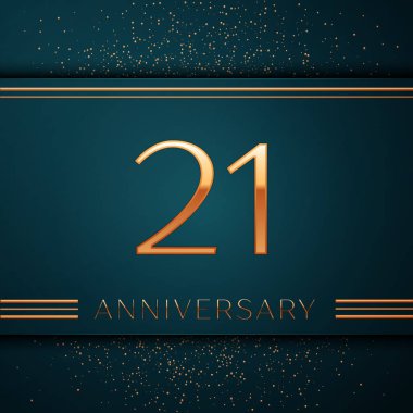 Gerçekçi yirmi bir yıl yıldönümü kutlamaları tasarım afiş. Altın sayı ve yeşil zemin üzerine konfeti. Doğum günü partin için renkli vektör şablon öğeleri