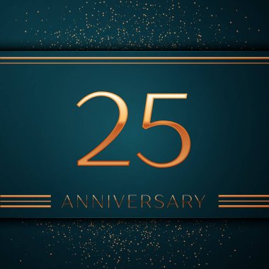 Gerçekçi yirmi beş yıl yıldönümü kutlamaları tasarım afiş. Altın sayı ve yeşil zemin üzerine konfeti. Doğum günü partin için renkli vektör şablon öğeleri