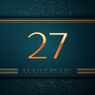 Gerçekçi yirmi yedi yıl yıldönümü kutlamaları tasarım afiş. Altın sayı ve yeşil zemin üzerine konfeti. Doğum günü partin için renkli vektör şablon öğeleri