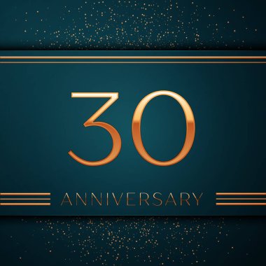 Gerçekçi otuz yıl yıldönümü kutlamaları tasarım afiş. Altın sayı ve yeşil zemin üzerine konfeti. Doğum günü partin için renkli vektör şablon öğeleri